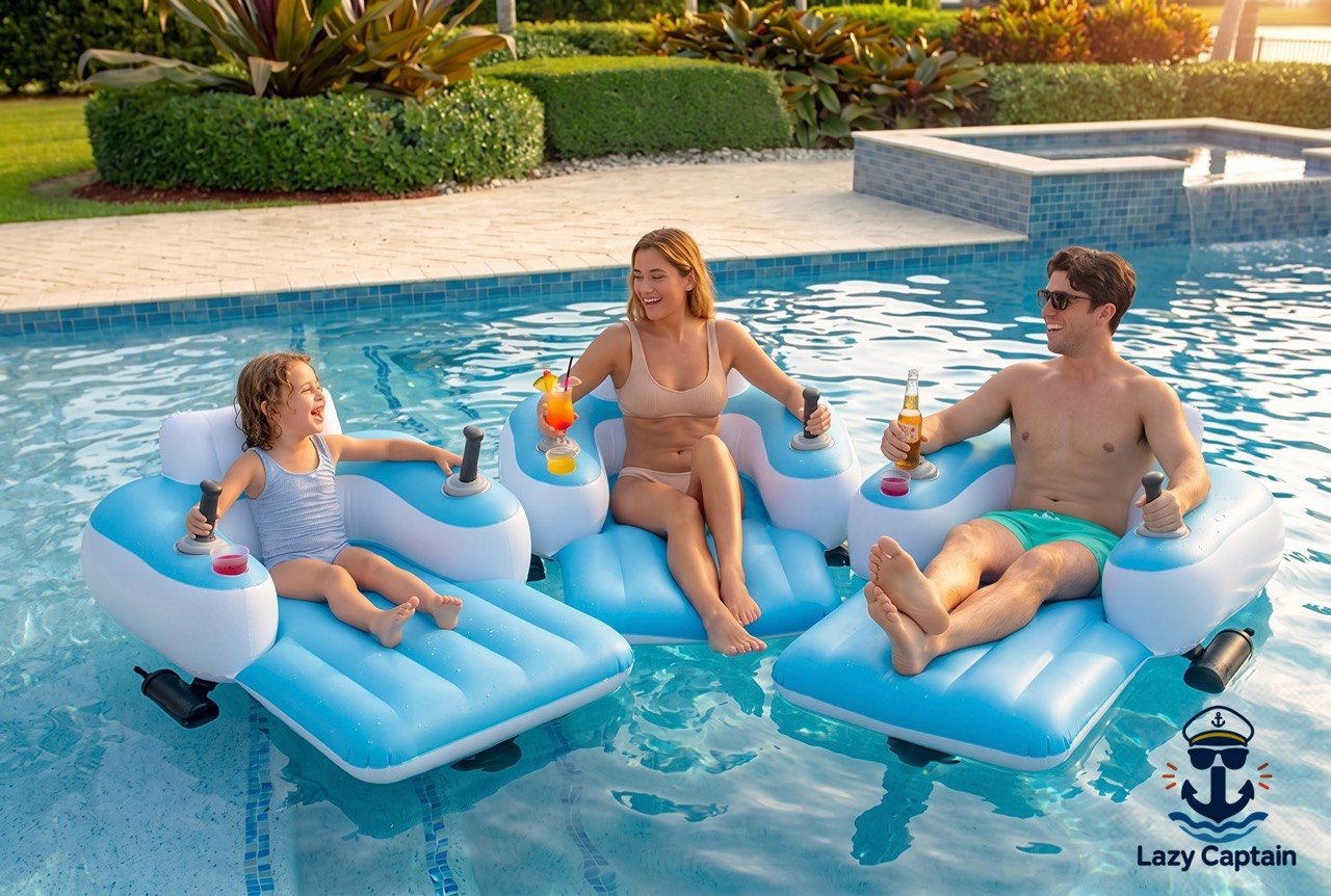 family relaxing on Lazy Captain motorized pool float in a swimming pool
